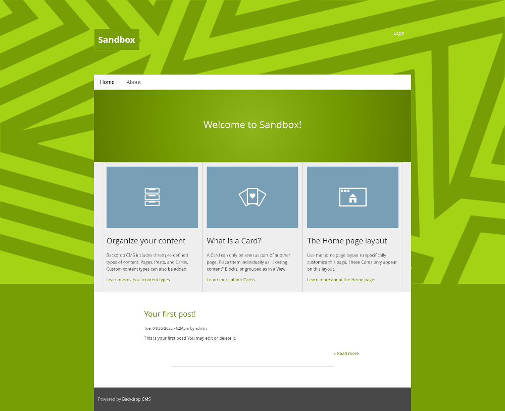 Front page of Backdrop using Pelerine theme